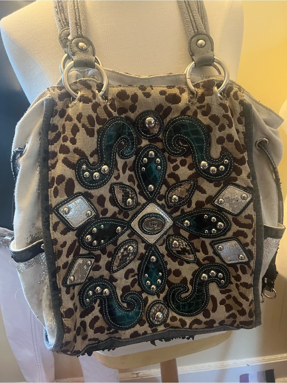 Leopard-Print Embellished Shoulder Bag in Teal and Beige